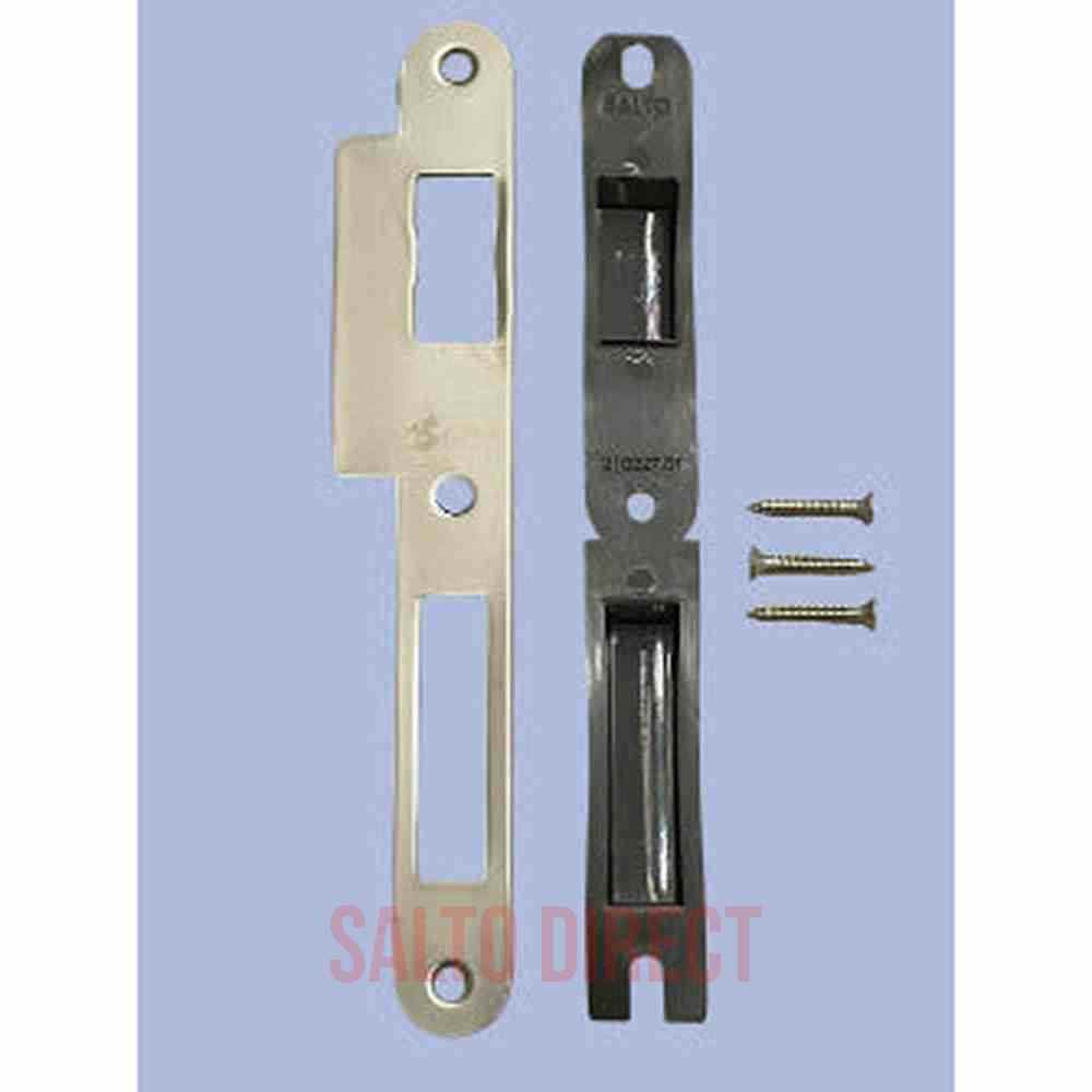 Salto striking plate to suit LE8P12 & LE8P22 mortice sashlock, radius edge, 24mm lip